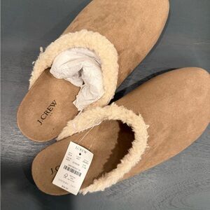Womens ~J.Crew Ash Suede Slippers with Cream Fur Lining
